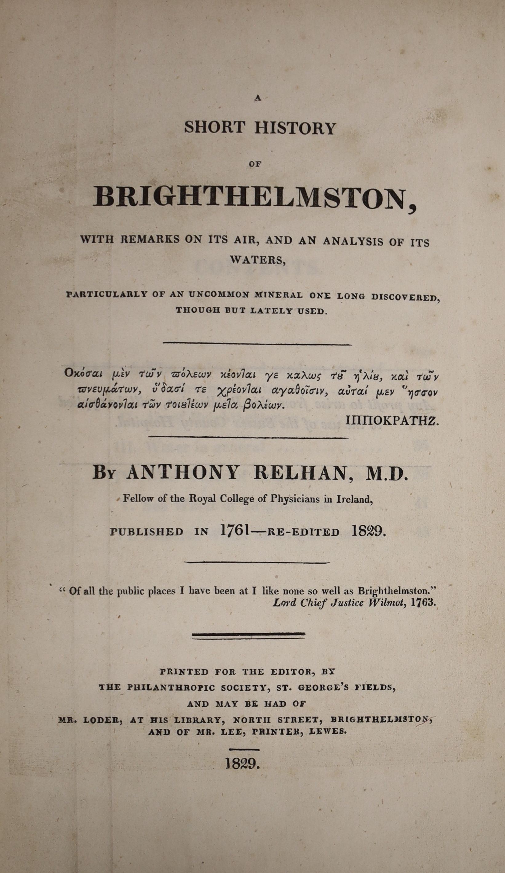 Relhan, Anthony- A Short History of Brighthelston, 8vo, cloth, with a folding engraved plate, Brighton, 1829 (2 copies)